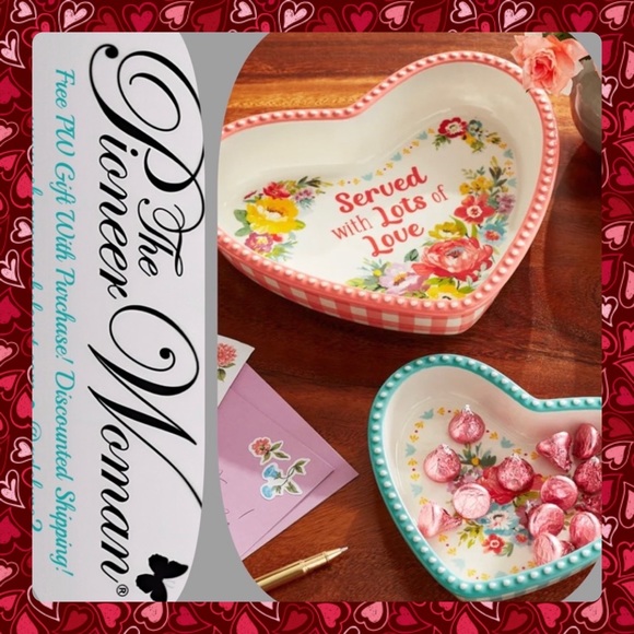 The Pioneer Woman Other - 🌺 New Pioneer Woman 2-Piece Heart Shaped Ceramic Dish, Teal Blue & Pink Gingham
